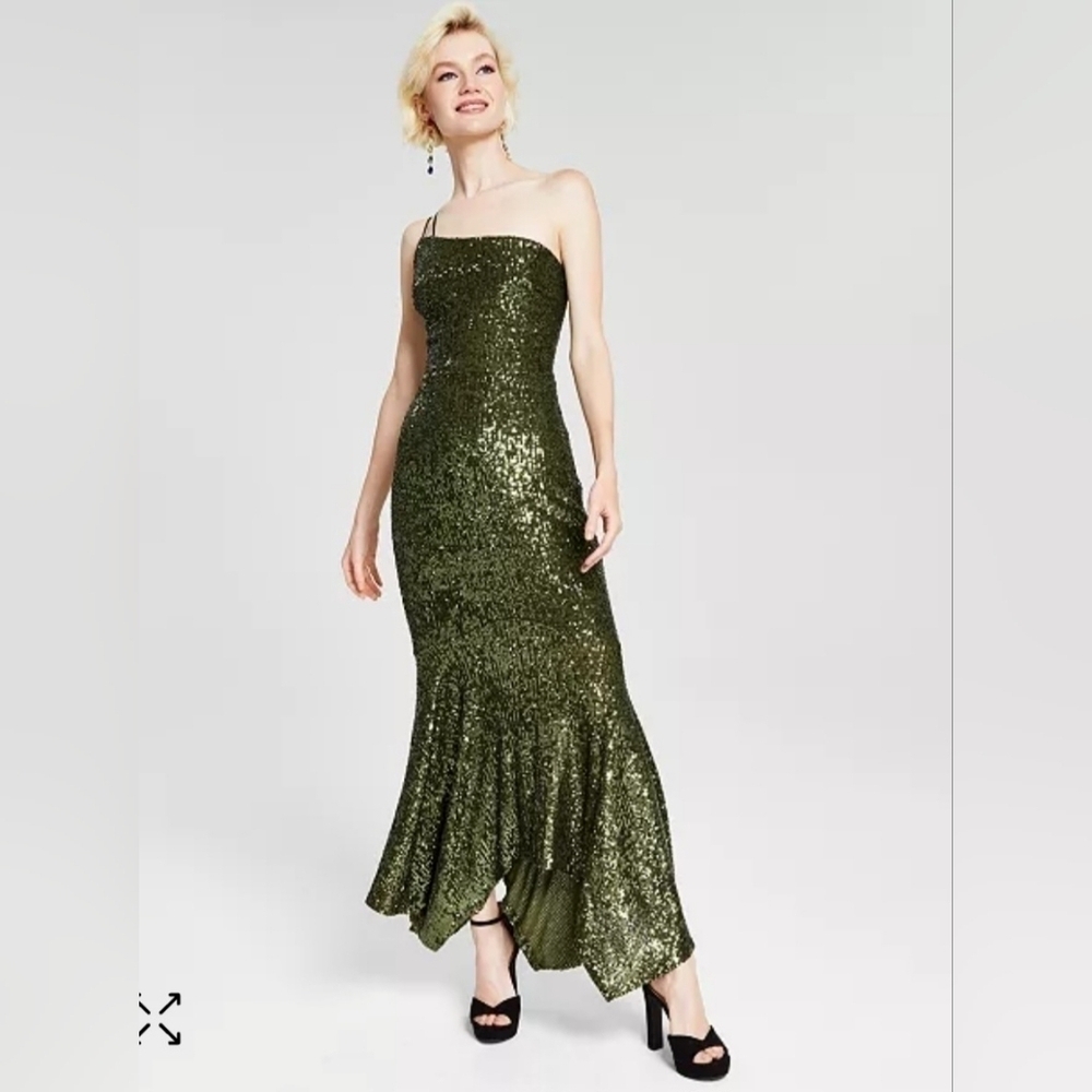 Xscape NWT Stretch Sequin Asymmetrical  One Shoulder Sleeveless Mermaid Gown Sz4 - Picture 2 of 12